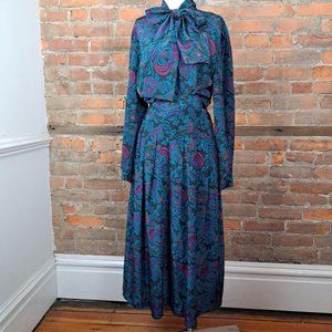 Vintage Inner Visions 2 Piece Dress Bow Paisley Teal Black Purple Red Sz 10
